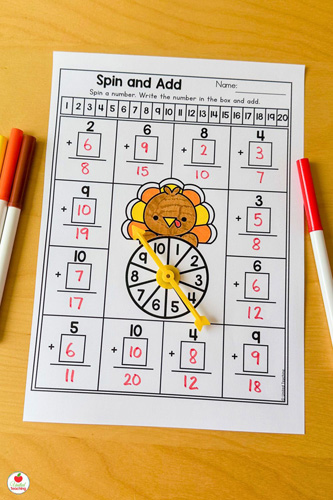 Spin and Add Thanksgiving math activity for 1st graders