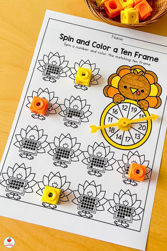 Spin and Color a Ten Frame Turkey Math Worksheet