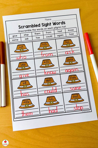 Thanksgiving scrambled sight words worksheet for 1st graders
