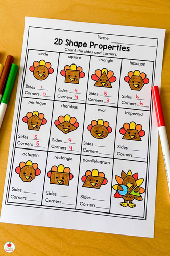 Fun Turkey 2D Shape Properties math worksheet