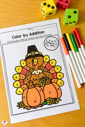 Colo by Addition Fun Turkey worksheet for Thanksgiving