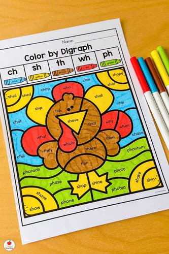 Color by Digraphs fun Thanksgiving phonics worksheet