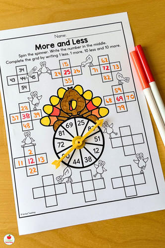 More and Less Thanksgiving Math Worksheet - 1 more 1 less 10 more and 10 less