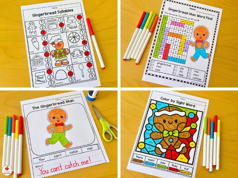 Gingerbread Literacy worksheets for kindergarten and Gingerbread theme week