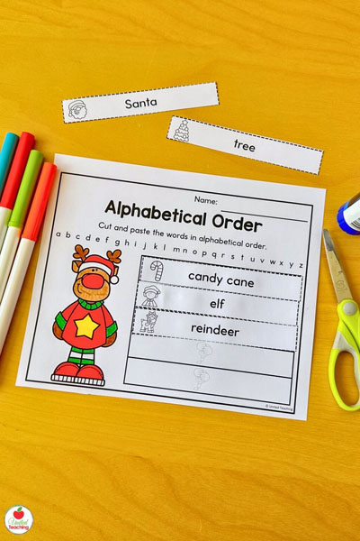 Christmas ABC order literacy worksheet for kindergarten