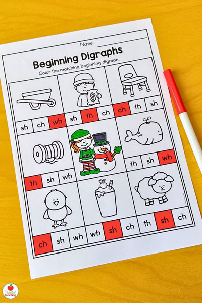 Beginning Digraphs Christmas literacy worksheet
