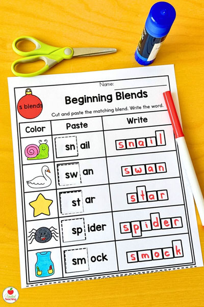 S Blends Cut and paste Christmas worksheet