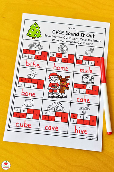 CVCE Sound It out kindergarten worksheet with Christmas theme