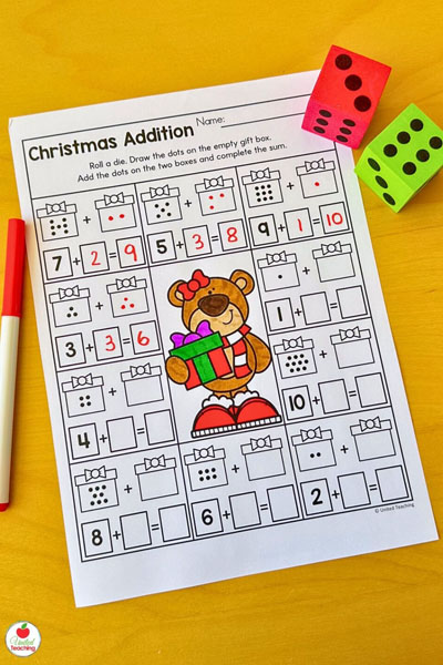 Christmas addition with dice no prep math worksheet