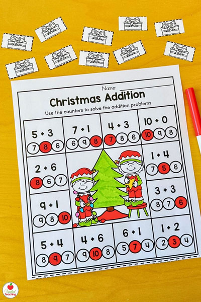 Christmas addition with cut out counters math activity