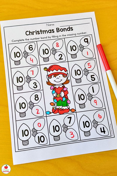 Christmas Number Bonds for 10 math worksheet