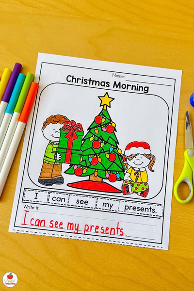 Christmas Morning scrambled sentence worksheet for kindergarten