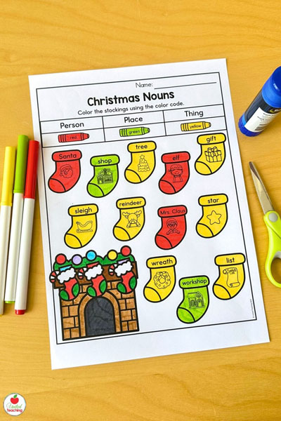 Christmas Nounds Color by Code worksheet for kindergarten