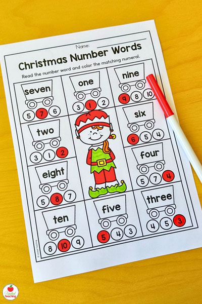 Christmas number words 1 to 10 math worksheet