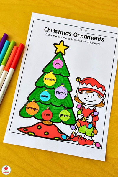 Color by word Christmas ornaments sight word worksheet