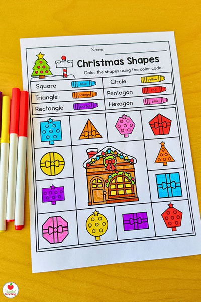 Christmas 2D shapes math worksheet for December