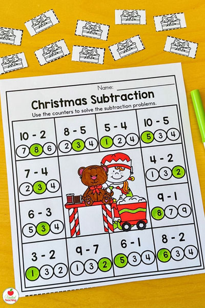 Christmas Subtraction math worksheet for kindergarten
