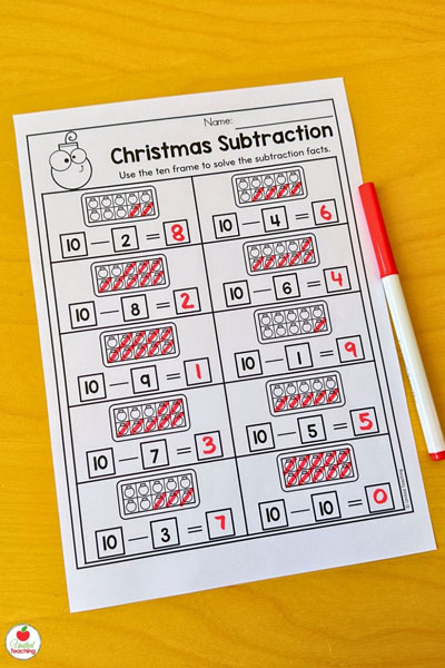 Subtraction with Christmas ten frames math activity