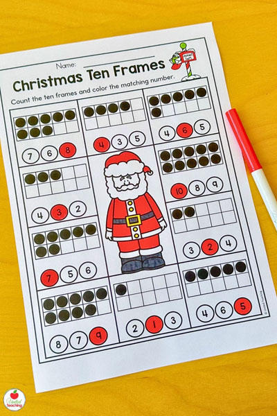 Christmas Ten Frames Count and Color the matching numeral