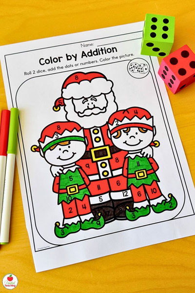 Color by Addition Santa and elves Christmas-themed math worksheet