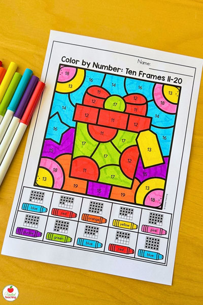 Christmas color by number ten frames 11 to 20 math worksheet