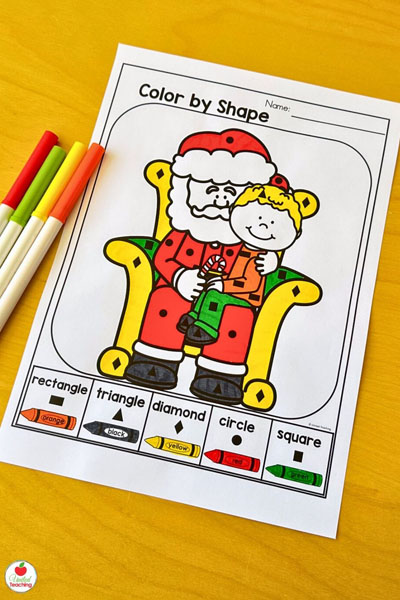 Color by 2D shape Santa math worksheet