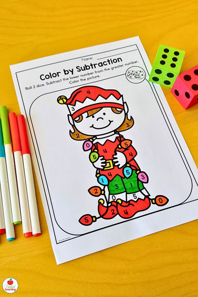 Color by Subtraction Christmas math worksheet
