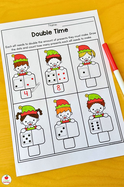 Double numbers christmas math worksheet for kindergarten