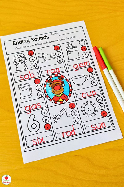 Ending Sounds Christmas-themed phonics worksheet