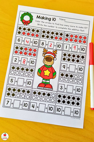 Making 10 with ten frames Christmas-themed math worksheet