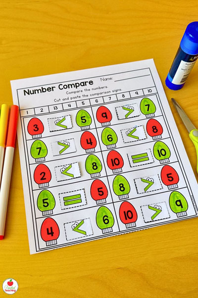 Number comparison Christmas math worksheet
