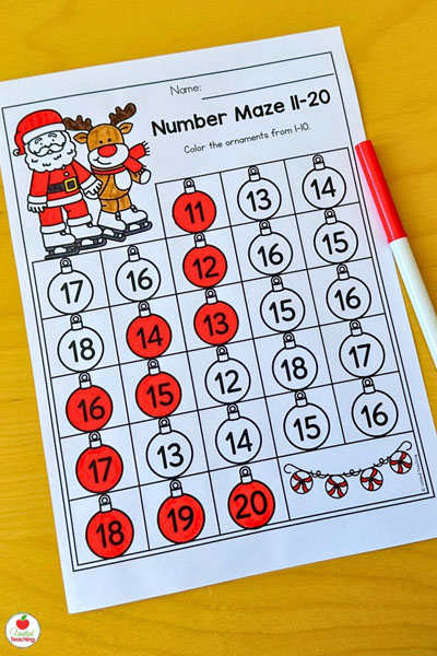 Christmas number maze for numbers 11 to 20