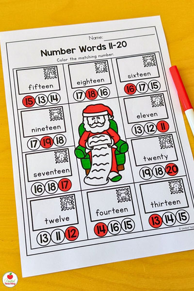 Number Words 11 to 20 math worksheet with a Christmas theme
