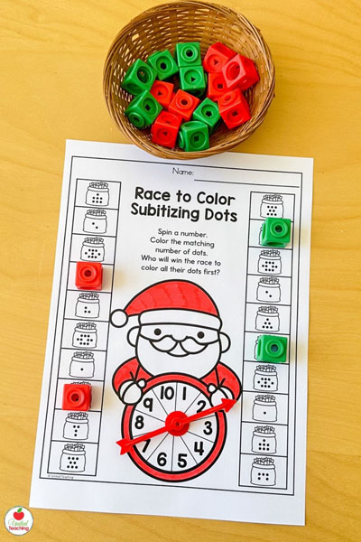 Christmas Race to Color Subitizing Dots for Numbers 1 to 10 Worksheets