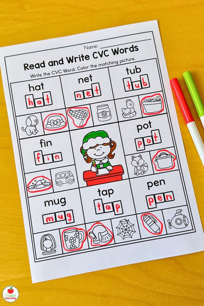 Read and write CVC words Christmas literacy worksheet