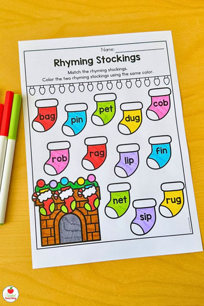Rhyming Christmas stocking worksheet for kindergarten