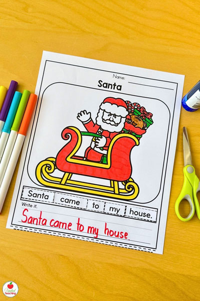 Santa scrambled sentence worksheet for kindergarten