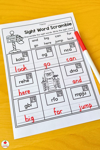 Scrambled Sight Words Christmas-themed literacy worksheet for kindergarten