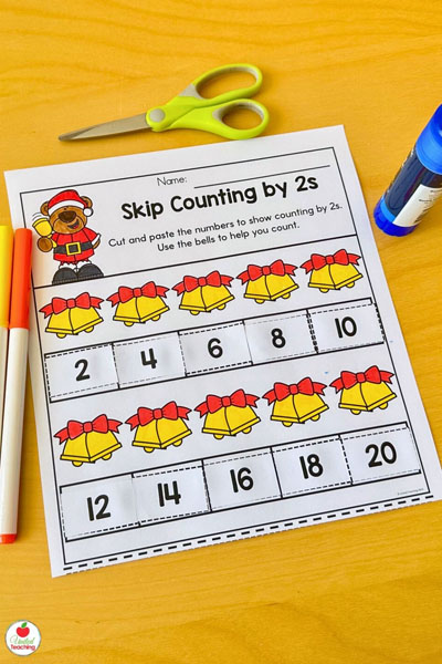 Christmas skip counting by 2s cut and paste math worksheet