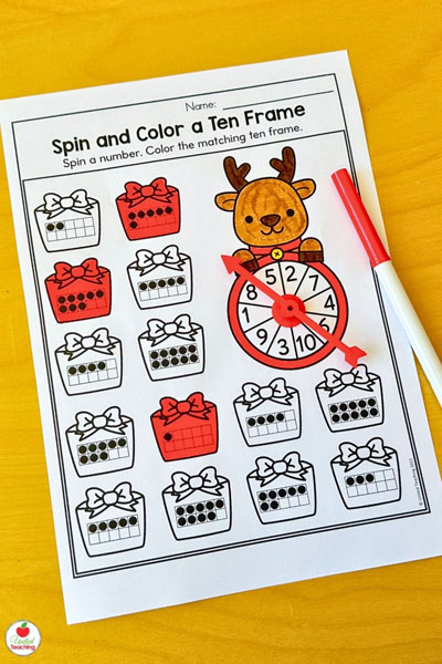 Christmas Spin a number and color a matching ten frame math worksheet