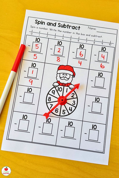 Spin and Subtract Christmas math worksheet