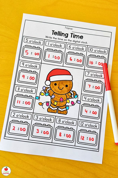 Telling Time with digital clocks christmas-themed math worksheet