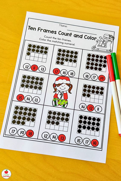 Count the numeral to match each ten frame Christmas math worksheet