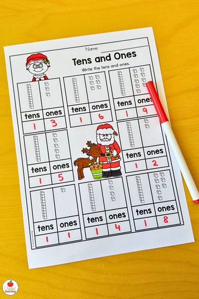 Tens and ones Christmas-themed math worksheet