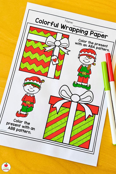 Patterning Christmas math worksheet for kindergarten