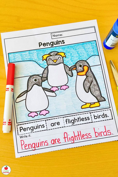 Penguins scrambled sentence worksheet