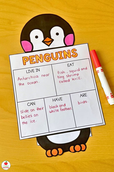 Penguins research writing page with craft topper
