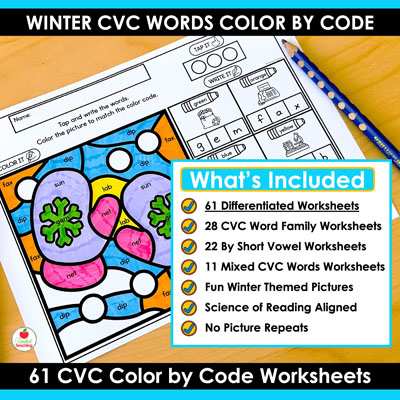 What's Included in the Winter Color by Code CVC Words Worksheets