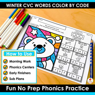 How to use the Winter Color by Code CVC Words Worksheets