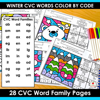 CVC Word Families covered by the Winter Color by Code CVC Words Worksheets